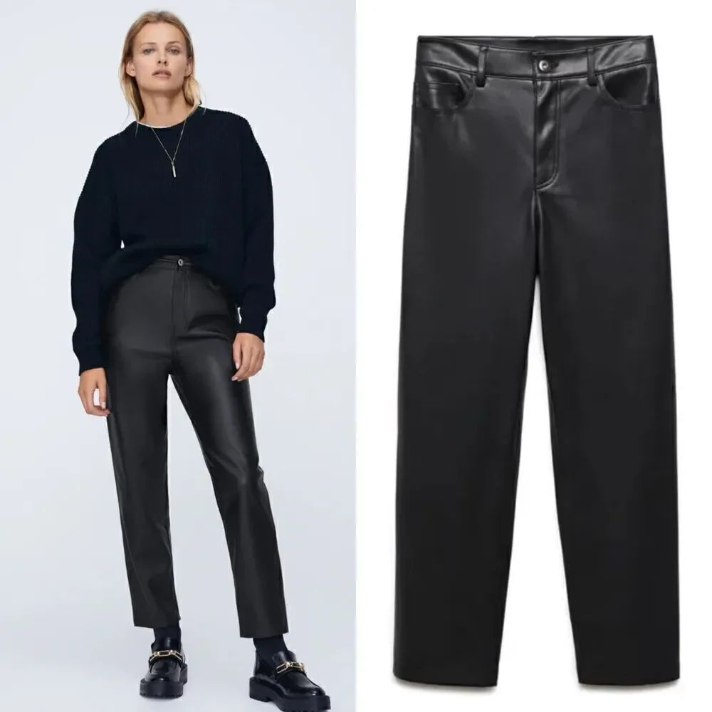 Zara Faux Leather Black Pants Straight Leg Size 2